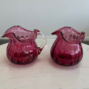 Pilgrim Glass Cranberry Optic Rib Ruffled Creamer Sugar Set Hand Blown Vtg